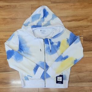 💙 Champion NEW French Terry Womens Blue/Yellow Tie-Dye Zip Hoodie Size MEDIUM